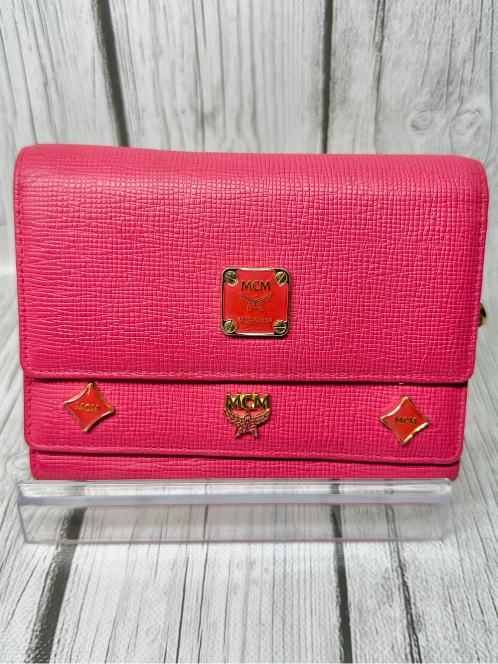 PRE LOVED MCM Hot Pink Studded Trifold Wallet with Charm